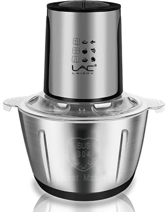 Hachoir à viande de 2 L, hachoir à légumes avec bol en acier inoxydable 1000 W, 2 vitesses, 4 lames à deux niveaux et spatule pour aliments pour bébés, viande, oignons, légumes, fruits
