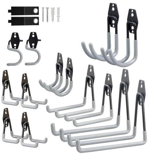 OrgMax 16 Pack Garage Hooks Heavy Duty, Utility Steel Garage Storage Hook with 2 Extension Cord Straps, Garage Wall Mount Hooks for Hanging Ladders, Bicycles, Garden Tools(Grey)