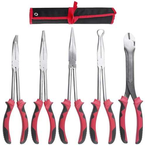 LEONTOOL Set di 5 pinze a becchi ad ago extra lunghi da 28 cm, pinze dritte a lunga portata, pinze a becco piegato a 45° e 90°, pinze a becco circolare, pinze diagonali, set di pinze a lungo raggio