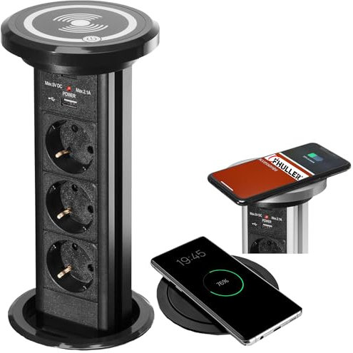 TORRETTA Presa Elettrica a Scomparsa Automatica – Ciabatta Alluminio e Vetro con 3 Schuko, 2 Porte USB, Cavo 2 Metri – Torretta portaprese estraibile - Design Moderno per Cucine e Uffici - IP54 (Nero)