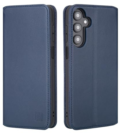 32nd Classic Series 2.0 - Real Leather Book Wallet Flip Case Cover For Samsung Galaxy A26 5G, With RFID Blocking Card Slot, Magnetic Closure and Built In Stand - Navy Blue