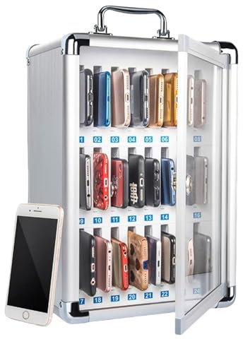 Kensbro Casier de Stockage de Téléphone Portable, 24 Compartiments, Aluminium, Transparent, Montage Mural ou Portatif, Idéal pour Salle de Classe, Bureau, Examen