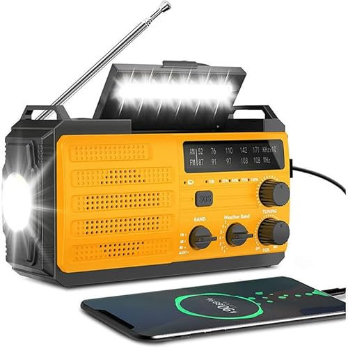 Winnes Radio Solar con manivela de 8000 mAh Am/FM, batería Recargable, Luces LED, Alarma SOS y generador de manivela, brújula, Adecuado para Acampar, Supervivencia, Auriculares enchufables