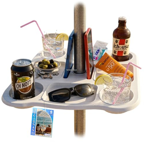Sicignano | Tavolino Vassoio per Ombrellone 37x37 cm – 8 Scomparti, Foro Ø22-40 mm, in Plastica Bianca – Ideale per Bibite, Oggetti e Smartphone in Spiaggia o Giardino