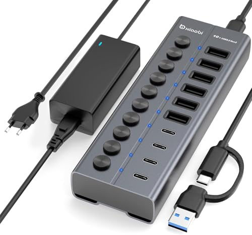 Powered USB Hub, 10-Port USB C Hub with 6 USB-A 3.2, 4 USB-C 3.2 Ports | Individual Switches and 12V/5A Power Adapter, Aluminum USB Extension for MacBook, Laptop/PC and More.