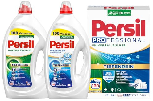 PERSIL Universal Kraft-Gel Morgenfrische 100 WL 4,5 L + Pulver Universal Professional 130 WL 7,8 kg + Kraft-Gel Universal 100 WL 4,5 l – XXL Waschmittel Set für große Wäschemengen