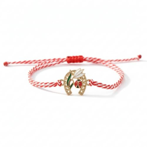 Magpie Gems Martisor Bracelet, Red and White Cotton Cord, Gold-Tone Enamel Charm, Traditional Romanian Design, Adjustable Unisex (Red White - Infinity symbol with ladybug)