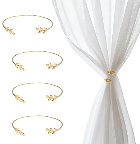 4 Stück Goldene Blatt-Vorhangraffhalter für Gardinen und Wohnräume | Edles Blattmotiv setzt dekorative Akzente, passend für verschiedene Gardinenarten und Raumstile