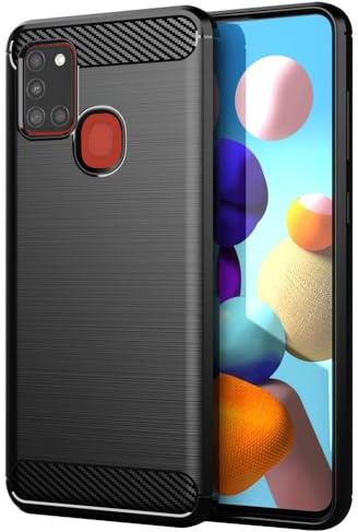 Techsuit für Samsung Galaxy A21s Hülle mit Soft Touch, Stoßfest, Kameraschutz, Erhöhte Kanten, Luftkissen Ecken, Anti Fingerabdruck, Flexibel, Staubschutz, Carbon Silicone Series, Schwarz