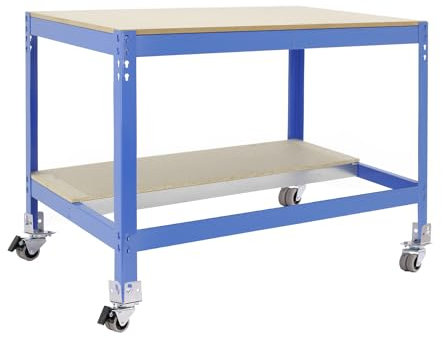 Simon Rack Tavolo da lavoro officina, capacità di carico 120 kg, 917 x 910 x 610 mm, include ruote, blu/legno - BT0