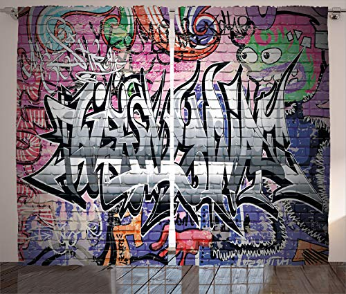 ABAKUHAUS Städtisch Rustikaler Vorhang, Graffiti Grunge Wandkunst, Wohnzimmer Universalband Gardinen mit Schlaufen und Haken, 280 x 175 cm, Mehrfarbig