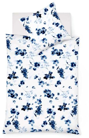 fleuresse 344103, 50% Baumwolle, 50% Leinen, Oeko-TEX® Standard 100 Zertifiziert, 135 x 200 cm inkl. 1 x 80 x 80 Kissenhülle, geblümte Wendebettwäsche, naturweißer Rückseite, Fb. Blau