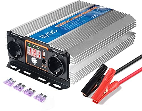 BYGD Spannungswandler 1000W/2000W 12V auf 230V kfz Wechselrichter Stromwandler 12 auf 230 Inverter und 2 Stecker Krokodil Clip für Auto Batterie Inverter DC AC Umwandler Stromwandler