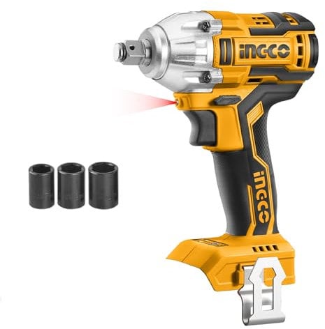 Ingco Cordless Impact Wrench 300NM (Body Only) 20V Lithium-Ion Brushless Impact Gun with 3Pcs Sockets, 1/2 Inch, CIWLI20010