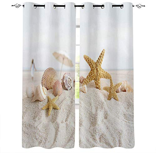 FTCAKET Gardine Mit Ösen Strand Gardine Schlafzimmer Modern Seesterne Muscheln Mit Ösen 2Er Set Vorhänge Für Wohnkultur Kinderzimmer Modern 180x200 cm ( Breite x Höhe)