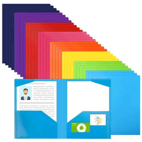 EOOUT 32pcs Plastic Folders with Pockets, Heavy Duty Folders with 4 Pockets for Office and School, Letter Size, 8 Assorted Colors