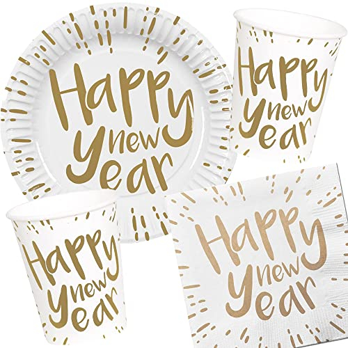 Carpeta 40-teiliges Partyset * Happy New Year 2024/2025 * mit Teller + Becher + Servietten + Deko | HNY Silvester Neujahr Party Set