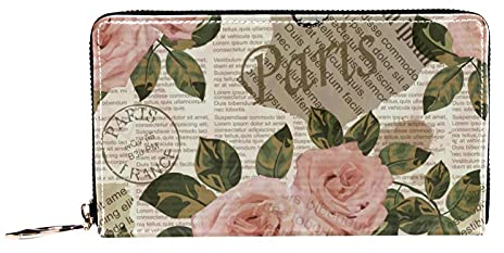 Damen Geldbörse mit Reißverschluss und Handy-Clutch, Paris Zeitung Vintage Muster, Reisegeldbörse Leder Clutch Tasche Kartenhalter Organizer Handgelenke Geldbörsen