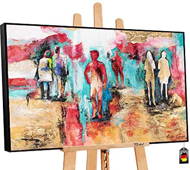 YS-Art XXL Abstrakt Acryl Gemälde auf Leinwand mit Rahmen Personen im Park handgemalte Wandbilder Wohnzimmer modern Wohndekor bunt Bilder echte Kunst 120x80 cm