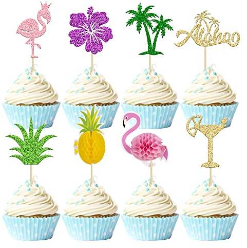 Gyufise 32 Stück tropische Cupcake-Topper Aloha Cupcake-Picks Flamingo Kuchenaufsätze hawaiianische Luau Kuchendekorationen für Aloha Babyparty tropische Hochzeit Party Dekor