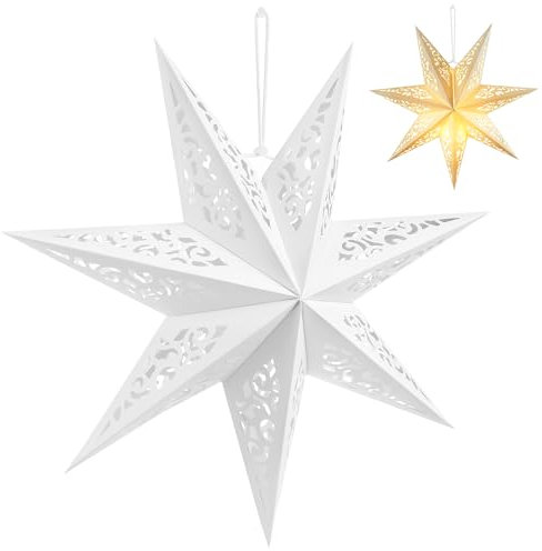 45 cm Papierstern-Lampenschirm, weiß, ausgehöhlt, 7-Punkt-Glitzer-Papierlaterne, Sterndekoration, Weihnachtsstern-Lichter, hängende Sterne, Ornament für Hochzeiten, Weihnachten, Heimdekoration (A)