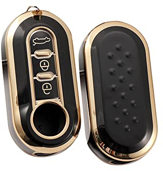 HIBEYO Chiave a scatto per chiavi dell'auto, adatta per Fiat Custodia in silicone per Fiat 500, Panda Grande Punto Bravo Scudo, custodia con telecomando a 3 tasti, oro nero