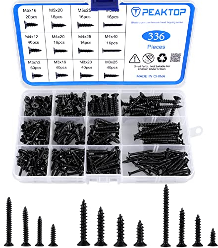 336Pcs Self Tapping Screws Black, M3 M4 M5 Round Head Wood Screws Assortment, 304 Stainless Steel Cross Drive Self-tapping Screws Kit for Home DIY Projects Soft Metal Plastic