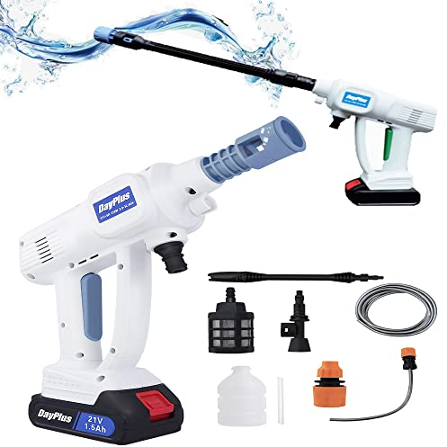 Akku-Jet-Waschmaschine Auto-Hochdruckreiniger mit Schaumpistole, Mobile Hochdruckreiniger 2,8-3 L/min mit 6-In-1-Düse 5m Schlauch für Gartenfenster, Ladegerät und 1,5Ah Akkus
