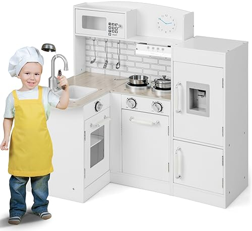 Maxmass Kids Corner Kitchen Playset, Wooden Play Kitchen with Microwave, Oven, Sink, Stove, Refrigerator, Water Dispenser and Utensils, Role-Play Toy Kitchen Cooking Set for 3+ Year Old (8-in-1)