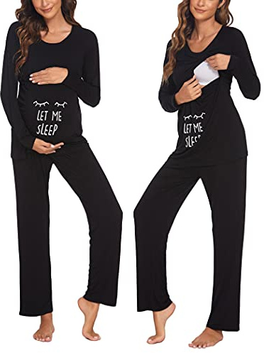 Ekouaer Pyjama d'allaitement pour Femme pour hôpital Manches Longues Modal de Grossesse Ensemble Pyjama 2 pièces Nero XXL