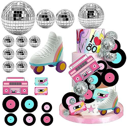 20 PCS Roller Skate Cake Topper Disco Ball Cake Toppers Retro Hip Hop Theme Party Cake Decoration for Boys or Girls 80s 90s Skating Theme Party Decorations (White)