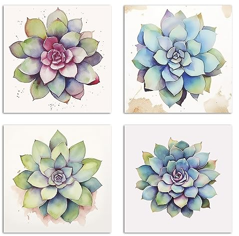 LZIMU Sukkulenten Bild auf Leinwand 4 Stück Aquarell grüne Sukkulenten Pflanzen Leinwand Bild tropisches botanisches Boho Kunstwerk Badezimmer Dekor (Kein Rahmen, 20.00x20.00cms x4)
