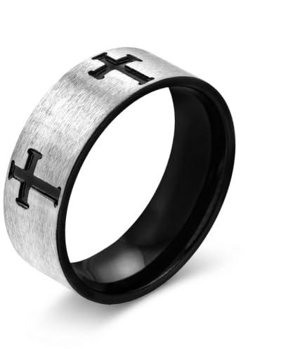 meditoys Edelstahlring mit schwarzem Kreuz, 7,0 mm breiter Herrenring mit silberner Oberfläche, Größe: 64 (20.4), aus Edelstahl, Farbe: Silber und Schwarz, robust und kratzfest