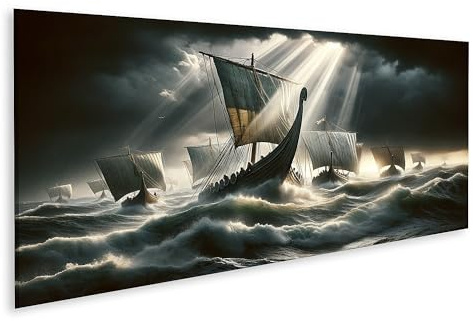 islandburner Bild auf Leinwand Wikinger-Langschiffe in stürmischer Nordsee Nahaufnahme Bilder Wandbilder Poster