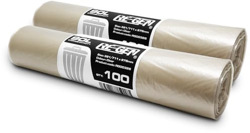 2 Rolls | 200 Bags | RE-GEN 90 Litre 10kg Load Clear Heavy Duty Bin Liners Refuse Sacks, Everyday, Office & Home Use | Industrial Strength Transparent Rubbish Bags 381/711 x 975mm