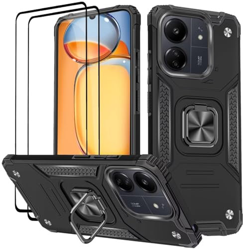 KANSi Case for Xiaomi Redmi 13C / Poco C65, Tempered Glass [2 Pack] Protective Silicone TPU Shockproof Tough Armor Hard Cover - Black