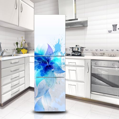 Fridge Wraps Kitchen Fridge Stickers Cover Full Doors, Fridge Sticker Full Covering Door Fridge Covers Decor, Freezer Skins Wall Stickers for Kitchen Decal, Blue Flower White Abstract Watercolor