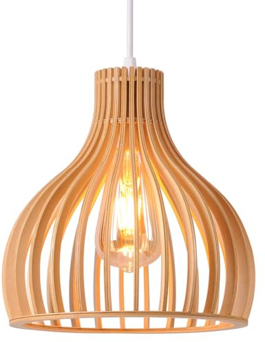 AWEKLIY vintage Pendelleuchten holz, Vogelkäfig-Deckenleuchte, handgefertigte deckenleuchte E27, höhenverstellbar, für Wohnzimmer, Esszimmer, Schlafzimmer,Cafés, Bars, 60 Watt, ø 23 cm, weiß+natur