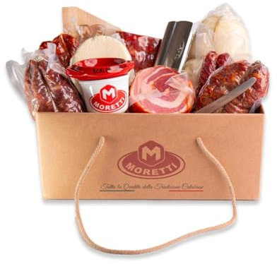 Moretti® Handgemachter Geschenkkorb mit Wurstwaren und Käse – Perfekt für Weihnachtsgeschenke 2024, Sommerpicknicks und Aperitifs – Beinhaltet Geschenke (GESCHENKKORB AUS KALABRIEN)