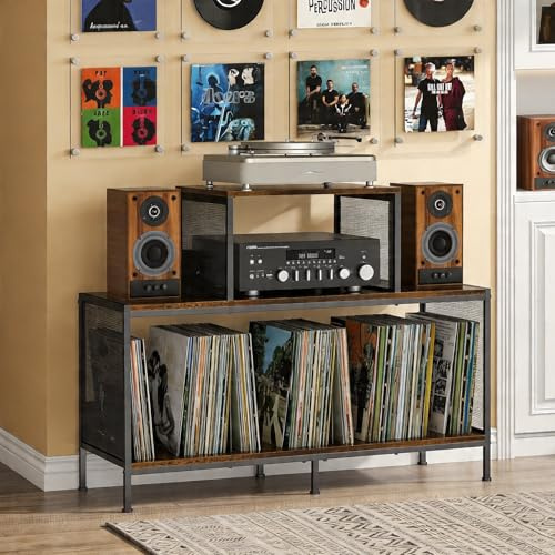 Sonyabecca Spazioso tavolino vintage per giradischi, contiene 150-250 album in vinile, divisori regolabili, aree di visualizzazione laterali, ideale per soggiorno, camera da letto, ufficio