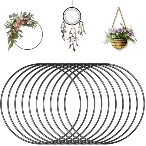 10 Stück Schwarz Metallring zum Basteln, 20cm Traumfänger Runde Ringe, Drahtring Kranz Rahmen, Deko Ringe zum Aufhängen, Metallringe Set für Hochzeitskranz Hoop, DIY Floral, Wandbehang Deko