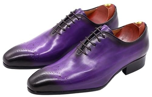 Ninepointninetynine Scarpe eleganti da uomo con lacci a punta brunita punta in pelle dipinta a mano tacco a blocco antiscivolo suola in gomma antiscivolo festa, Viola, 39 1/3 EU
