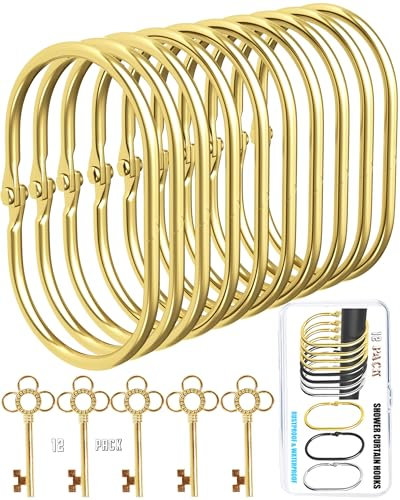 12 Pack Gold Shower Curtain Hooks,Gold Shower Curtain Rings,Brushed Nickel Shower Curtain Hooks Rust Proof, Metal Rust Proof Anti-Drop Smooth Shower Hooks for Shower Curtain (gold-12pack&Key)