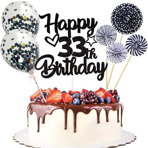 Anlgdi Tortendeko 33. Geburtstag Mann Frau, Kuchen Topper Happy 33th Birthday Schwarz, Glitzer Cake Topper 33. Geburtstag Ballons Konfetti Papierfächer für Geburtstagstorte Deko 33 Jahre Frauen Männer