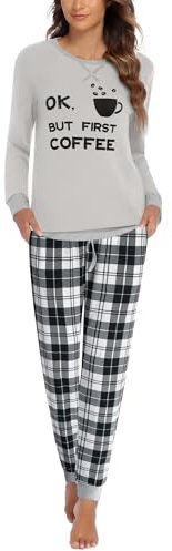 Ekouaer Pyjama Femme à Manches Longues Ensemble de Pyjama Coton Vêtements de Nuit à Manches Longues Pantalon de Nuit Imprimé à Carreaux