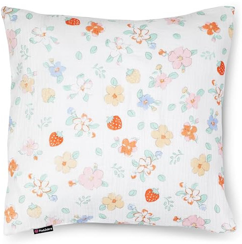 PinkZebra Bio-Musselin Kopfkissenbezug, ÖkoTex Zertifiziert, Kopfkissenbezug aus 100% Organik Baumwolle, Musselin Kissenhülle, Bezug mit Reißverschluss, Made in EU (Blumen, 50 x 50 cm)