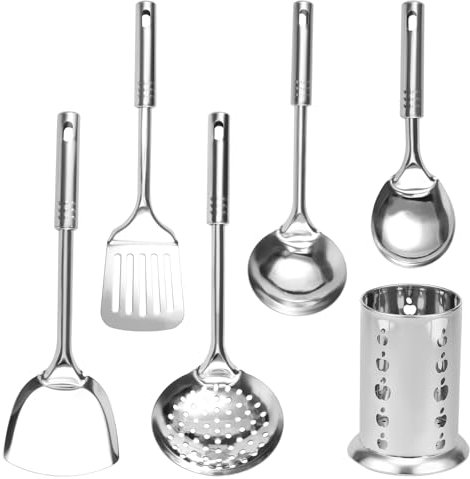 Juego de 6 utensilios de cocina de acero inoxidable, portátil, resistente al óxido, antiadherente, espátula, cuchara, colador con organizador para el hogar, cocina, restaurante, hotel, apto para