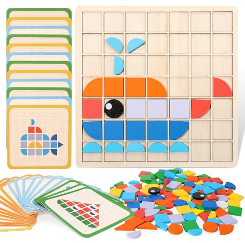 Kaisibum Mosaik Holzpuzzle, Mosaikspiel Tangram Montessori Bausteine mit 137 geometrischen Formen und 20 Designkarten, Puzzle als Spielzeug ab 3 Jahren Junge und Mädchen