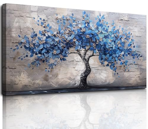 MHARTK66 Blau Baum Leinwand Bilder, 73x146 cm XXL Wandbilder Wohnzimmer Lebensbaum Bild Aesthetic, Modern Wanddeko Kunstdruck Schlafzimmer Esszimmer Büro Küche Badezimmer