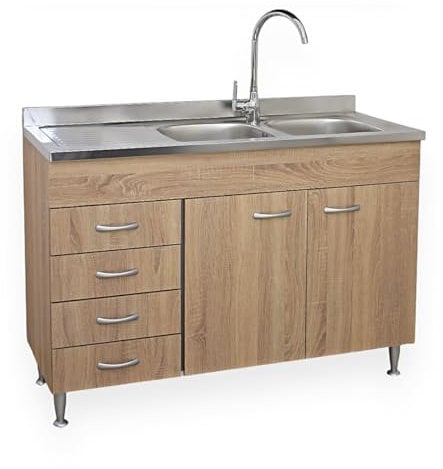 Yellowshop - Mobile cucina sottolavello a 2 ante e cassettiera cm 120 effetto legno Rovere Well componibile con lavello inox e scolapiatti Basic (Sottolavello con lavello piano SX)